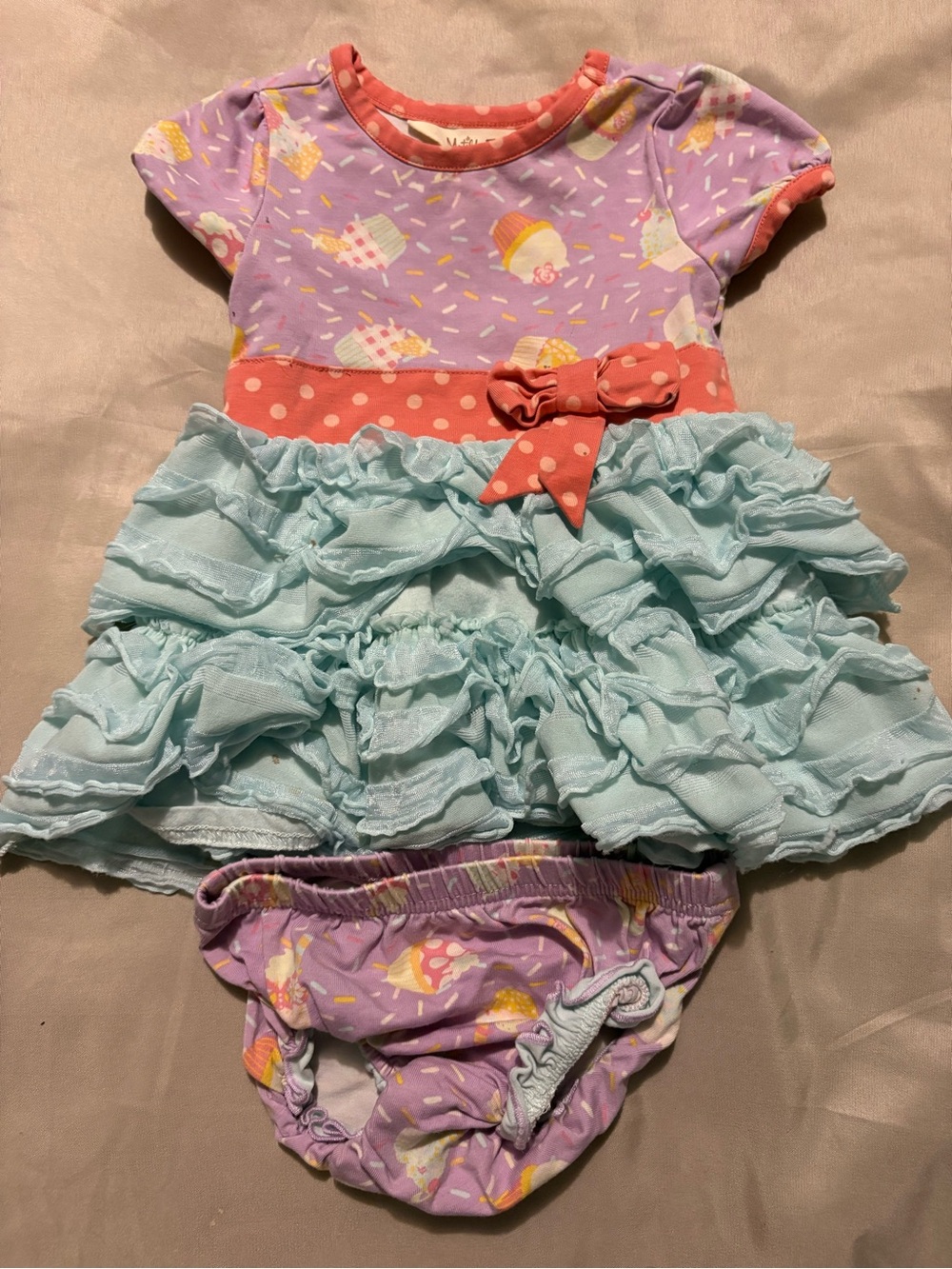 Matilda Jane Lavender Cupcake Dress with Aqua Ruffle Skirt and Coral Bow